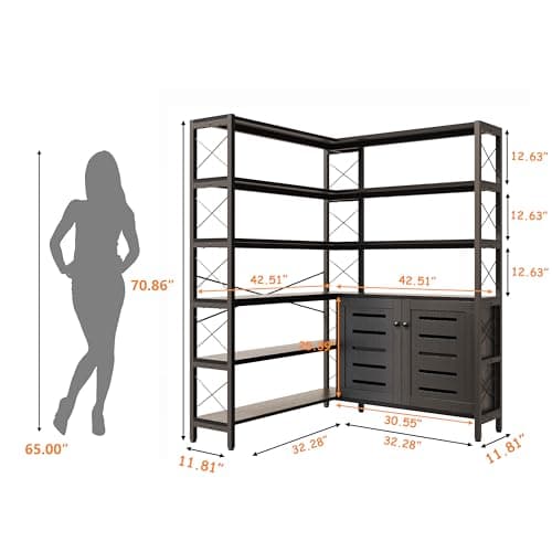 Vintage Industrial 6-Shelf Black Corner Bookshelf with Metal Frame