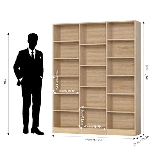 Triple Wide 74'' Tall Bookcase with 17 Shelves, Light Oak, Living Room, Home Office, Library