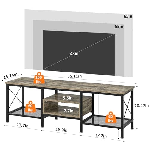 Industrial TV Stand for 65 Inch TV, 3-Tier Console with Open Shelves, Metal Frame - Dark Grey (55 Inch)