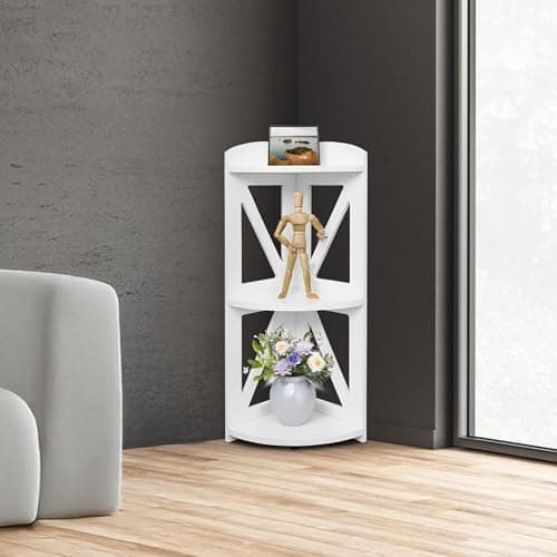 Natural Wood 3 Tier Corner Bookshelf, Plant Stand, Living Room, Home Office, Bedroom (White)