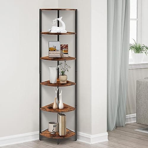 Industrial 6 Tier Corner Shelf: 63.1 Tall Rustic Bookcase for Living Room or Bedroom