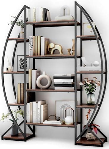 70" Tall Large Oval Bookshelf, 5 Tier Industrial Etagere Furniture