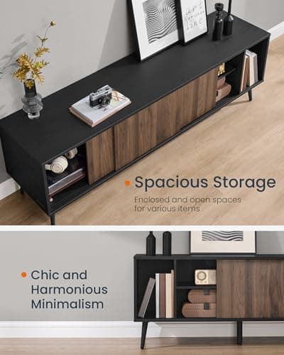 SONGMICS ULTV533B01 TV Stand, 72 Inch Max, Toolless Assembly, Storage Cabinet, Natural Walnut/Ebony Black