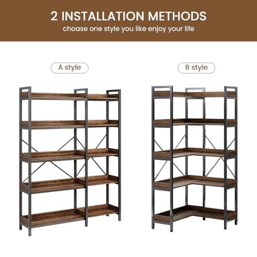 Modern 5-Tier Rustic Brown L-Shaped Bookshelf for Living Room/Office/Bedroom