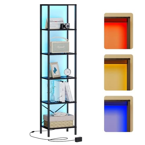 6-Tier Tall Narrow Bookshelf with LED Lights, Black Steel Frame