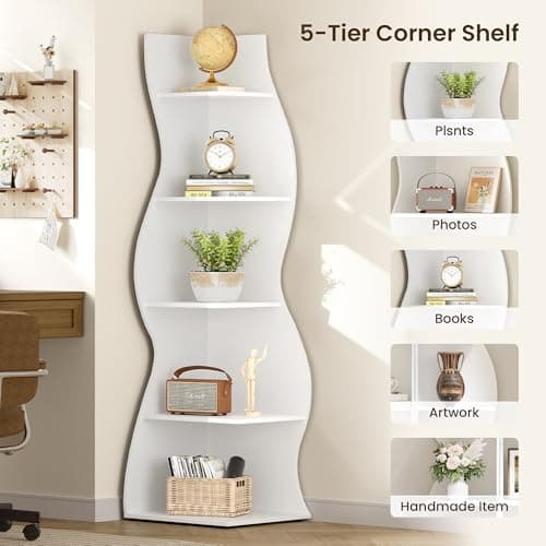 70 Inch 5 Tier White Corner Bookshelf Stand with Storage