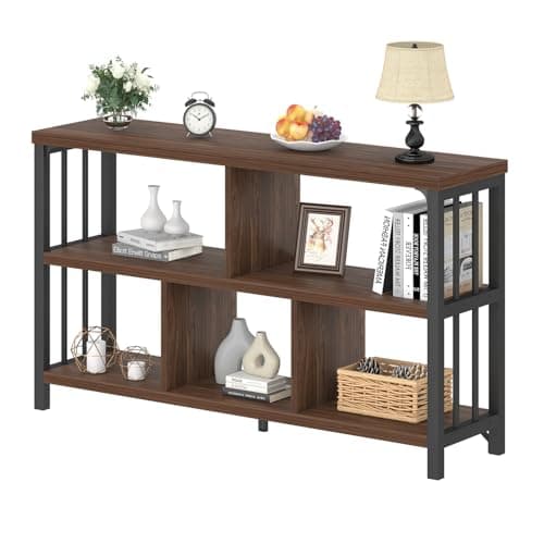 IBF Farmhouse 63" Long Wood Metal Bookshelf with 5 Cube Storage for Home Office and Living Room, Rustic Brown