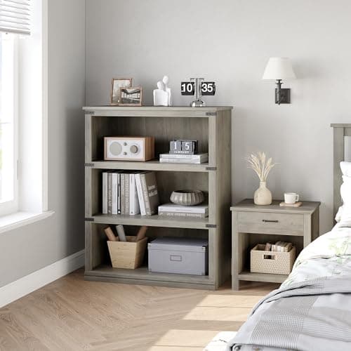 GAOMON 3 Tier Grey Farmhouse Bookshelf with Storage