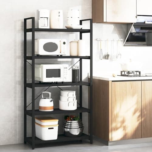 Modern Tall Bookshelf with Large Storage - 5 Tier Bookcase for Bedroom, Living Room, and Office - Black Shelf for Books and Plants.