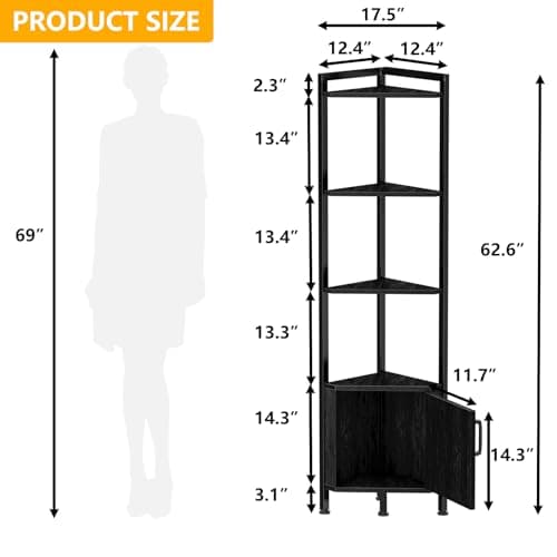 Furnulem Black Oak 5-Tier Corner Cabinet with LED Light and Storage (62.8")