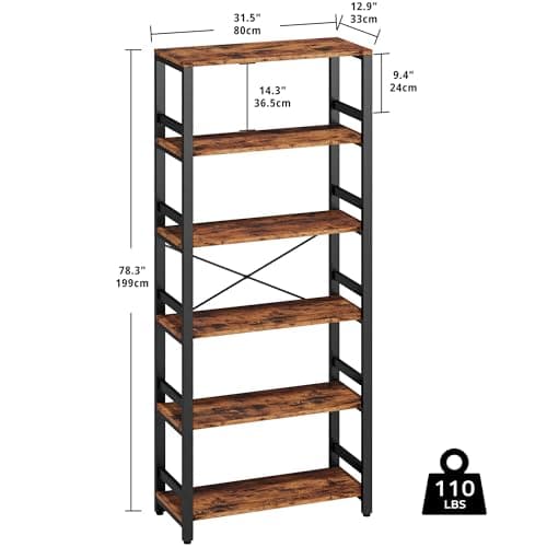 IRONCK Vintage Brown 6 Tier 31.5in Wide Bookshelf for Home Office, Living Room & Bedroom