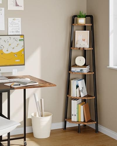 5-Tier Ladder Corner Shelf, 59.6" Tall, Rustic Brown and Black TCJ20BF
