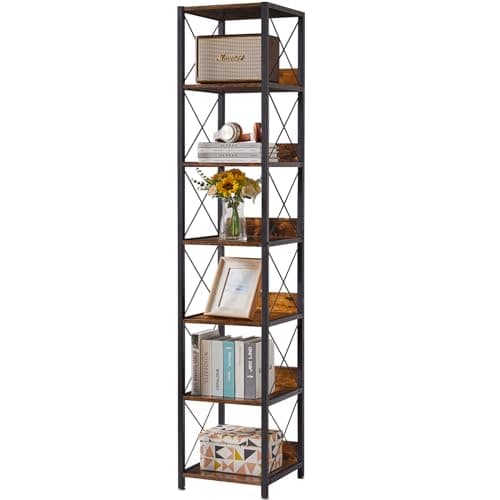 IBUYKE 6-Tier Tall Narrow Bookcase, Rustic Brown for Small Spaces