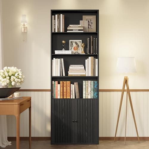 Ironck 6-Tier Tall Black Bookshelf with Doors and Storage for Home Office and Living Room