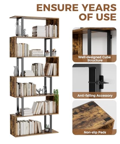 Gadroad 6 Tier Geometric S-Shaped Bookcase, Rustic Brown, Living Room Bedroom Storage