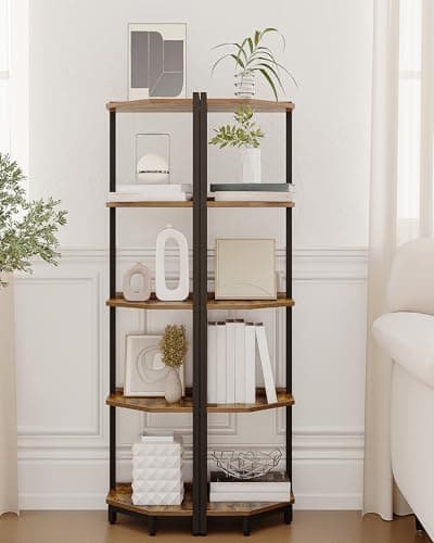 Rustic Brown 5-Tier Corner Shelf Stand, Storage Bookcase for Living Room, Home Office, Bedroom