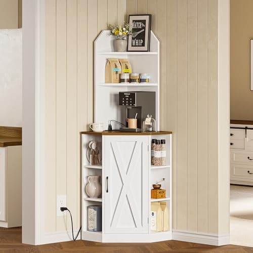 IRONCK White Farmhouse Corner Cabinet with 2 Doors 3 Shelves & Charging Station