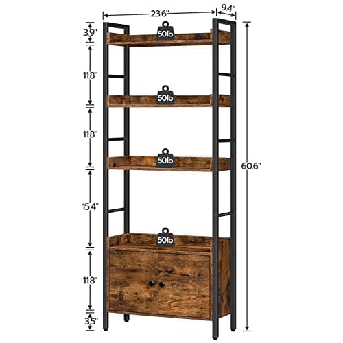 HOOBRO BF46SJ01 4-Tier Rustic Brown Bookshelf with Doors
