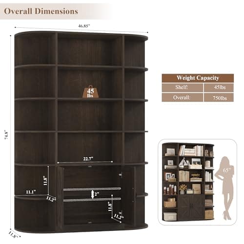 75" Tall BOOK SHELF & BOOKCASE, 6 Tier Storage, 47" Wide with Doors, Dark Brown Wood Shelves, Home Office Cabinet