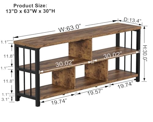 IBF Farmhouse 63" Long Wood Metal Bookshelf with 5 Cube Storage for Home Office and Living Room, Rustic Brown