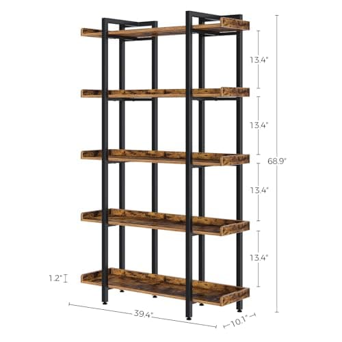 Rolanstar 5-Tier Industrial Bookshelf, Large Rustic Brown Home Office Shelf