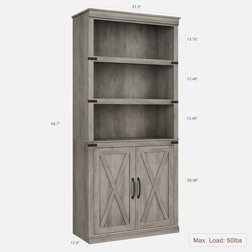 GAOMON 5 Tier Farmhouse Bookcase with Doors, 70 inch Tall Storage Cabinet