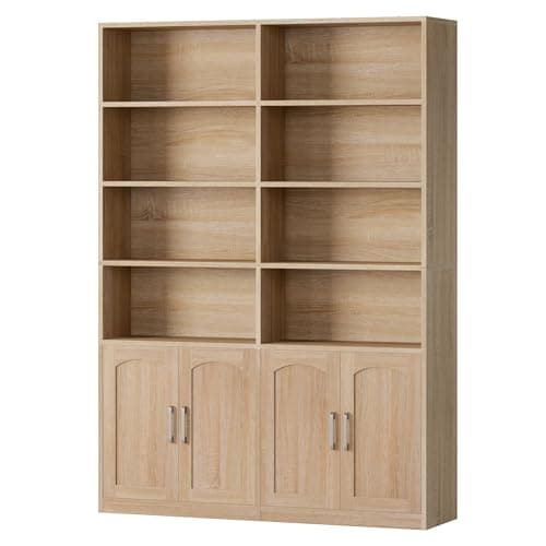 Double Wide Large 6 Tier Oak Bookshelf with Doors and Storage Cabinets