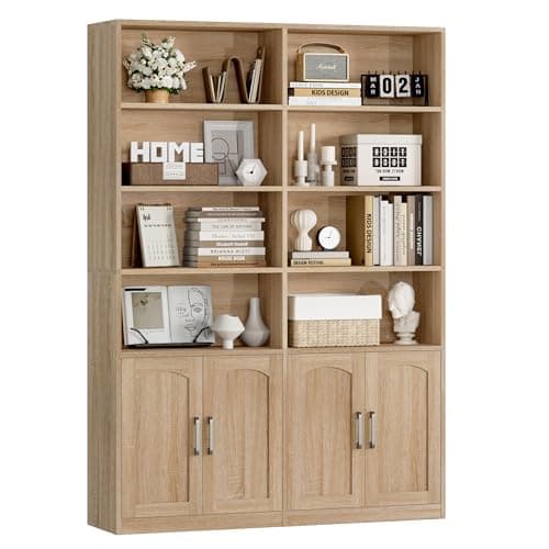 Double Wide Large 6 Tier Oak Bookshelf with Doors and Storage Cabinets