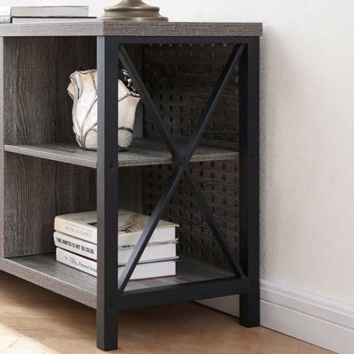 Rustic Entertainment Center for 65 Inch TV, Industrial Wood TV Stand with Media Cabinet Storage, Farmhouse Metal Television Stand, Light Grey Oak, 55 Inch