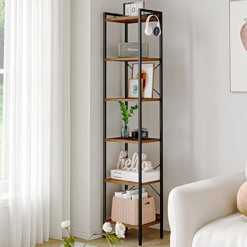 Rustic Brown 6-Tier Bookcase with Hooks for Home Storage BC10701B
