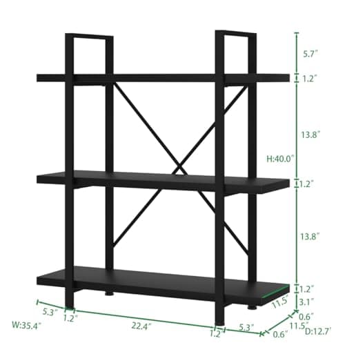 Modern 3 Tier Black Bookshelf - Industrial Metal Wooden Storage Shelf