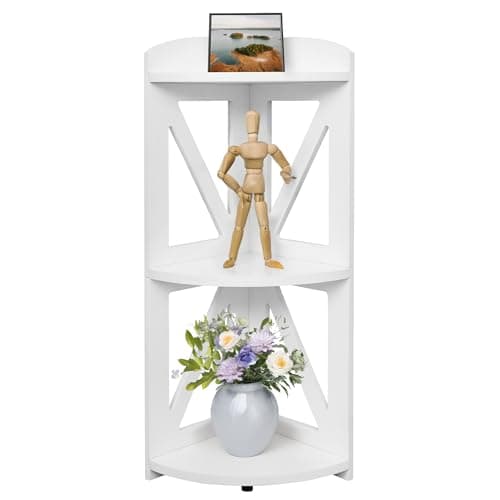 Natural Wood 3 Tier Corner Bookshelf, Plant Stand, Living Room, Home Office, Bedroom (White)