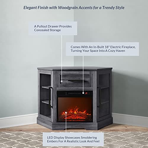 BELLEZE 43 Corner TV Stand with 18 Electric Fireplace for TVs up to 43 - Dale (Rustic Grey)