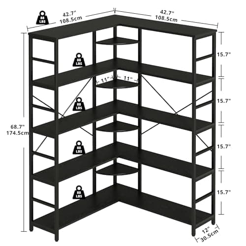 IRONCK 5-Tier Curved Corner Bookcase, Black, for Living Room and Home Office