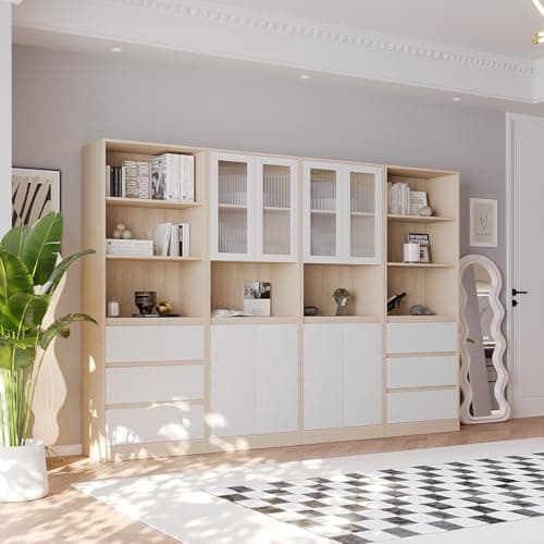 VOWNER 5-Tier Modern Bookshelf with 3 Drawers and Glass Display