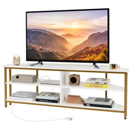 Tangkula 55" White TV Stand, 65" TV Compatibility, AC & USB Ports, Metal Frame