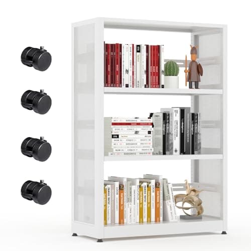 3-Tier Metal Storage Shelves with Wheels, Adjustable Feet, and White Finish