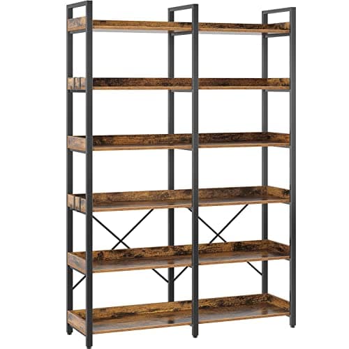 Industrial Wooden 6 Tier Bookshelf with 4 Hooks, Vintage Storage Rack, Rustic Brown