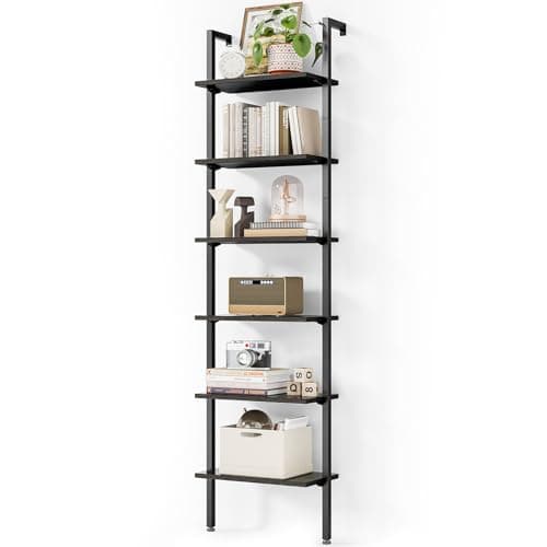 6 Tier ODK Black Metal Ladder Bookshelf, Wall Mounted
