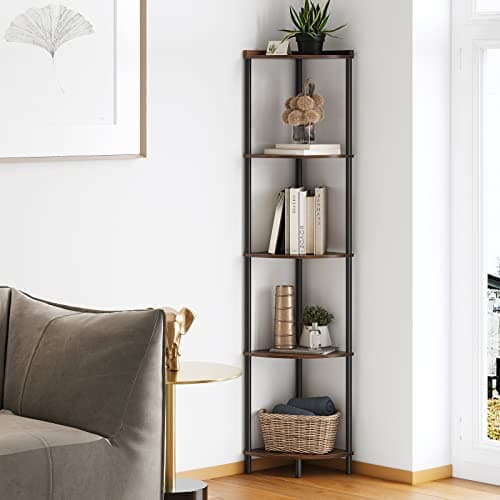 SUNMORY 5-Tier Corner Shelf Stand, Industrial 65" Living Room Display Organizer