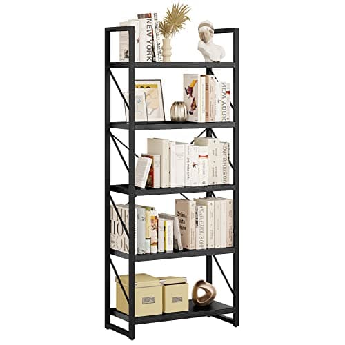 DWVO 5 Tier Charcoal Gray Industrial Bookshelf for Bedroom, Living Room, and Office