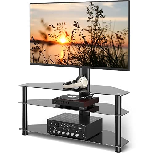 5Rcom Corner TV Stand with Mount, 3 Tier Tempered Glass Shelves, 32-75 Inch TVs, Max VESA 600X400mm