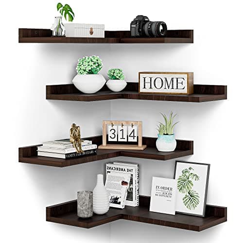 Rustic Dark Brown Floating Corner Shelves Set of 4 for Wall Décor Storage