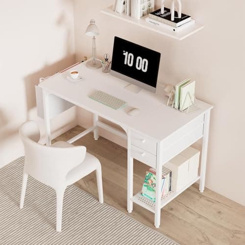 White Small Desk with Drawers - 40 Inch Computer Desk for Small Home Office