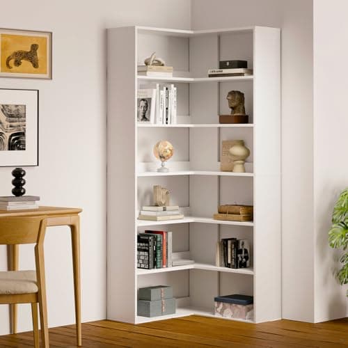 Oneinmil White Large Corner Bookshelf 6 Tiers with Baffles Storage Display Rack