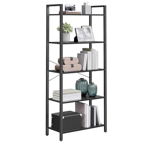 VASAGLE 5-Tier Industrial Style Bookshelf, Ebony & Ink Black, Living Room, Home Office ULLS061B56