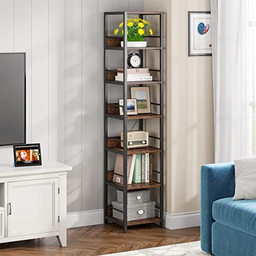 Tribesigns 6-Tier Corner Bookshelf, 75 Inch Tall, Rustic Open Shelf Tower for Living Room & Bathroom Storage