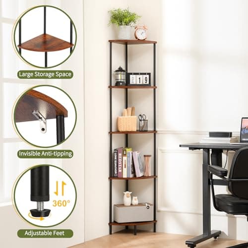 Yoorbure 5-Tier Tall Corner Shelf Stand, 65" Rustic Display Bookcase