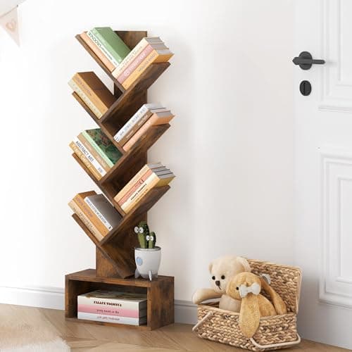 Hectieon 6 Tier Tall Bookcase with Drawer, Rustic Brown