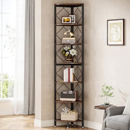 7-Tier Extra Tall Industrial Wood Corner Shelf for Small Spaces